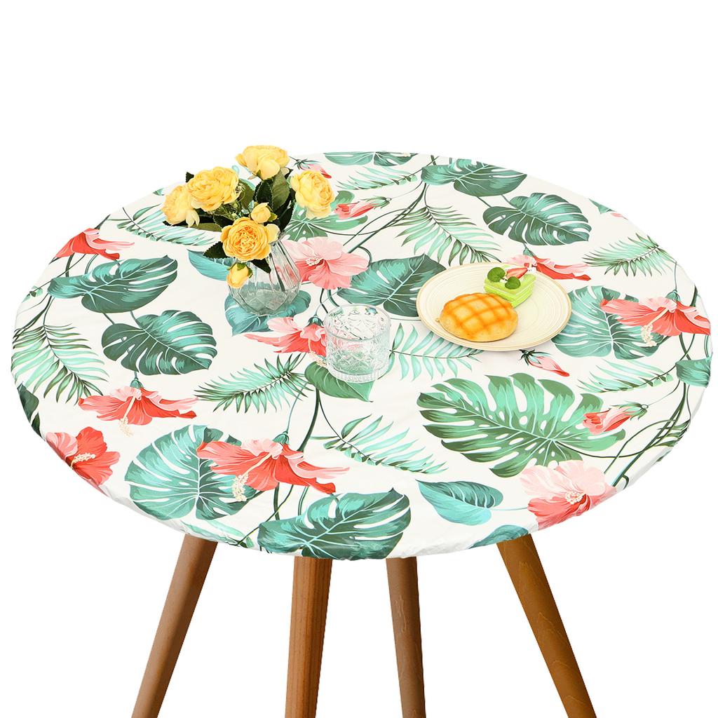 Elastic Round Table Cloth Fitted Flannel Backed Vinyl Tablecloth Waterproof Wipeable Dining Table Covers For Camping