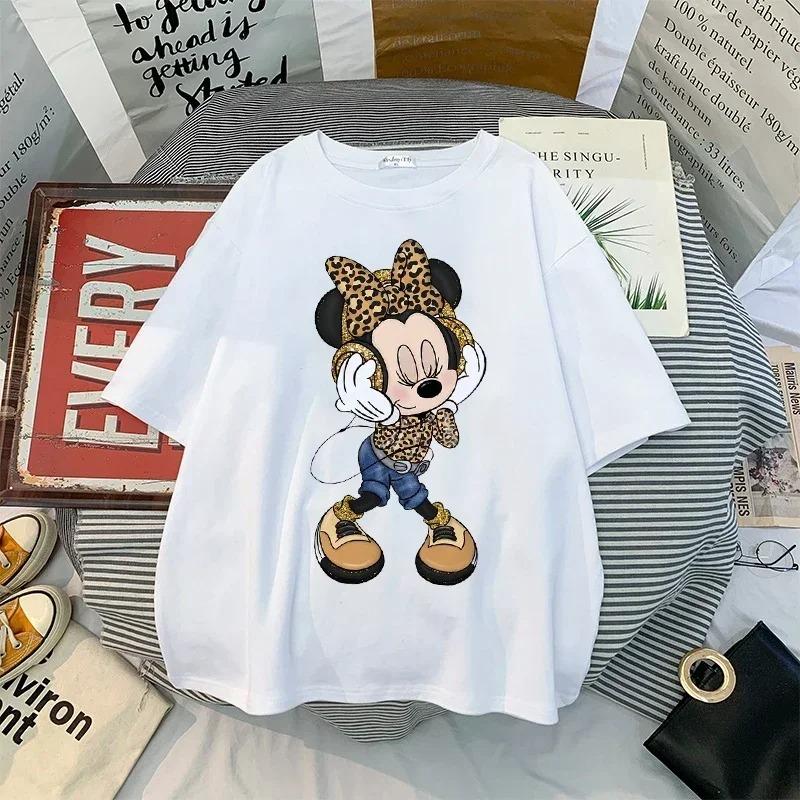 Fashion Disney Cartoon Mickey Minnie Printed T Shirt Vintage Women Casual Short Sleeves Streetwear Tshirt Harajuku Tees Tops