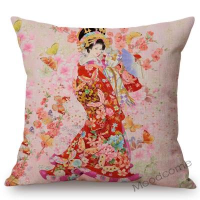 Floral Asian Girl Woman Japanese Geisha Art Sofa Pillow Case Japan Painting Beauty Goddess Home Decor Cotton Linen Cushion Cover