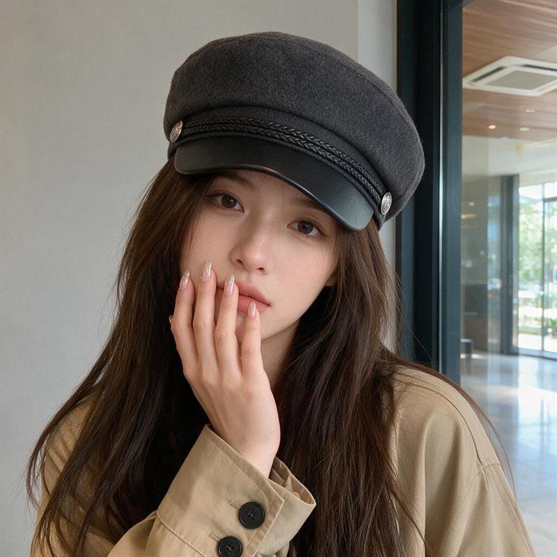 Korean Leather Beret Children Spring Student Cute Versatile Pu British Style Octagonal Hat Pumpkin Hat