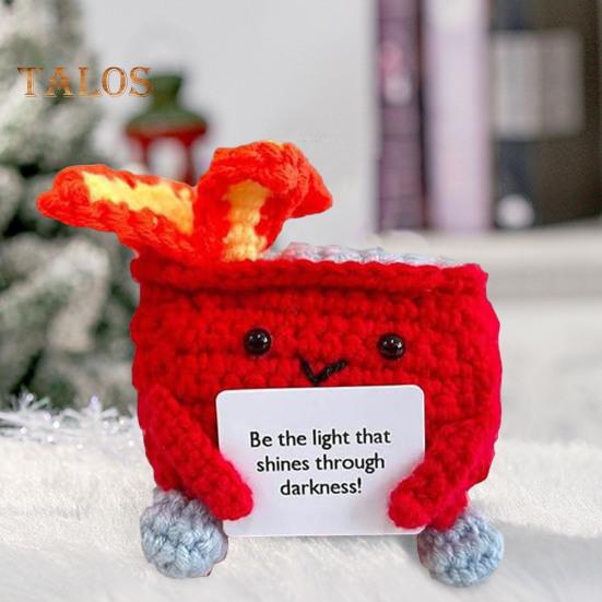 2Pcs Positive Crochet Flame Dumpster with Encouraging Card Emotional Support Handmade Knitting Trash Can Doll Decoration Ornament