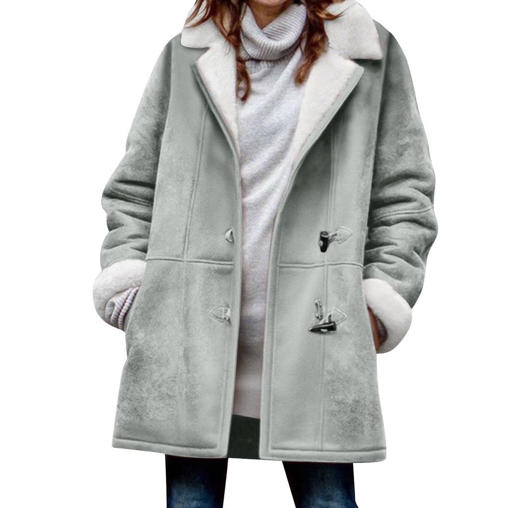 Women's Fashionable Coat Solid Color Long Sleeved Pocket Loose Button Plush Jacket