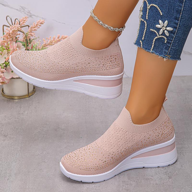 

Fashion Rhinestone Decor Wedge Sneakers for Women Breathable Knitted Non Slip Running Shoes Woman Comfortable Slip On White Sports Shoes 43 розовый