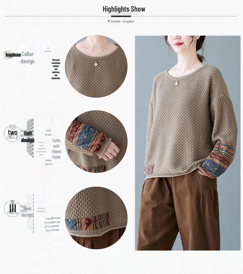 2024 Autumn/Winter Plus Size Retro Ethnic Applique Cotton Knit Women's Loose Round Neck Pullover