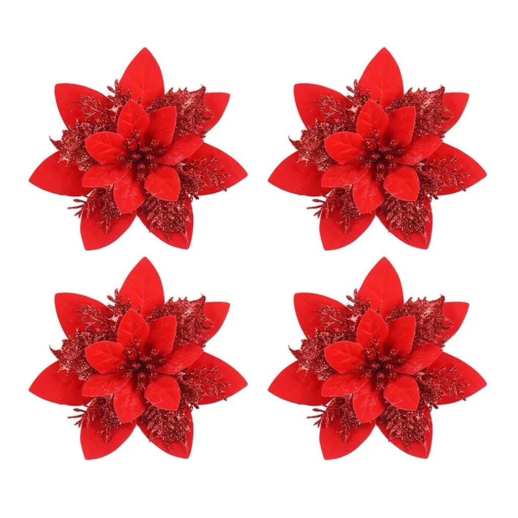4pcs 14cm Glitter Artificial Christmas Flower Ornaments – Pink, Red & Gold for Tree & Home Holiday Decor