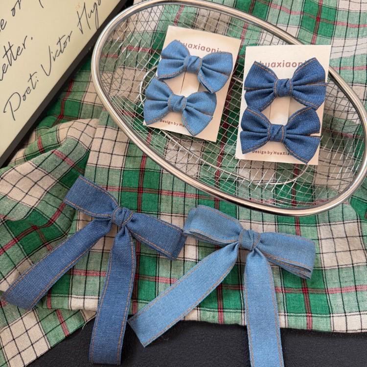 Denim Blue Bow Hair Clip - Princess Girl Headwear, Anti-rust Ribbon Accessory Dark Denim Ribbon Anti-rust Clip