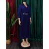 Plus Size Women Solid Color High Waist V Neck 3 4 Sleeve Pleated Midi Dress