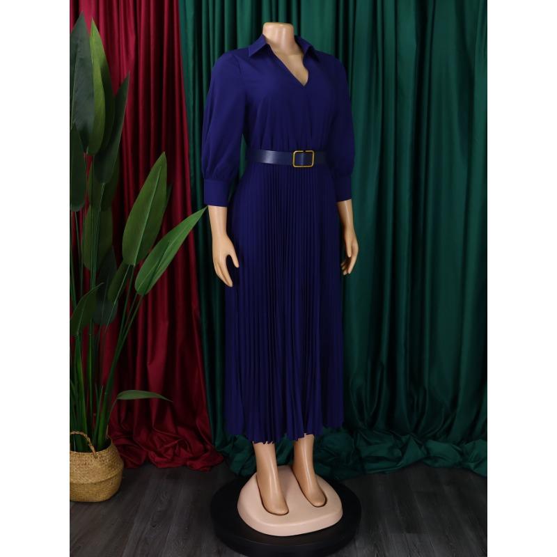 Plus Size Women Solid Color High Waist V Neck 3 4 Sleeve Pleated Midi Dress