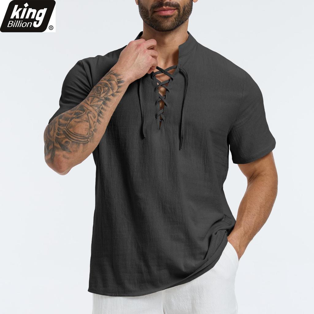Summer Retro Men's Lace-up Neck Shirt - Cotton Linen Blend Breathable Stylish Casual Tops Solid Color Beach & Vacation Shirts In Solid Colors
