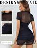Sexy Hoge Hals Mesh Patchwork Slim Fit Jurk met Taille-Cinchende Geplooide Ontwerp