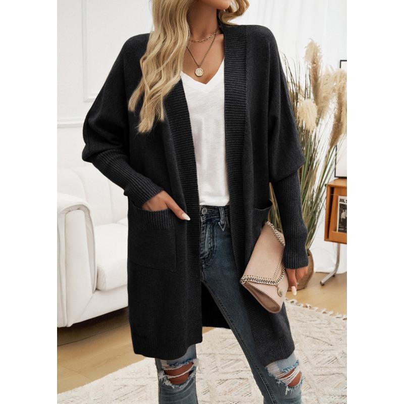 Women Bat Sleeve Cardigan Solid Color Knit Sweater Cardigan Coat