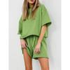 European and American Summer Casual round Neck Loose Lace-up Shorts Set Loose Top Lace up Shorts Set