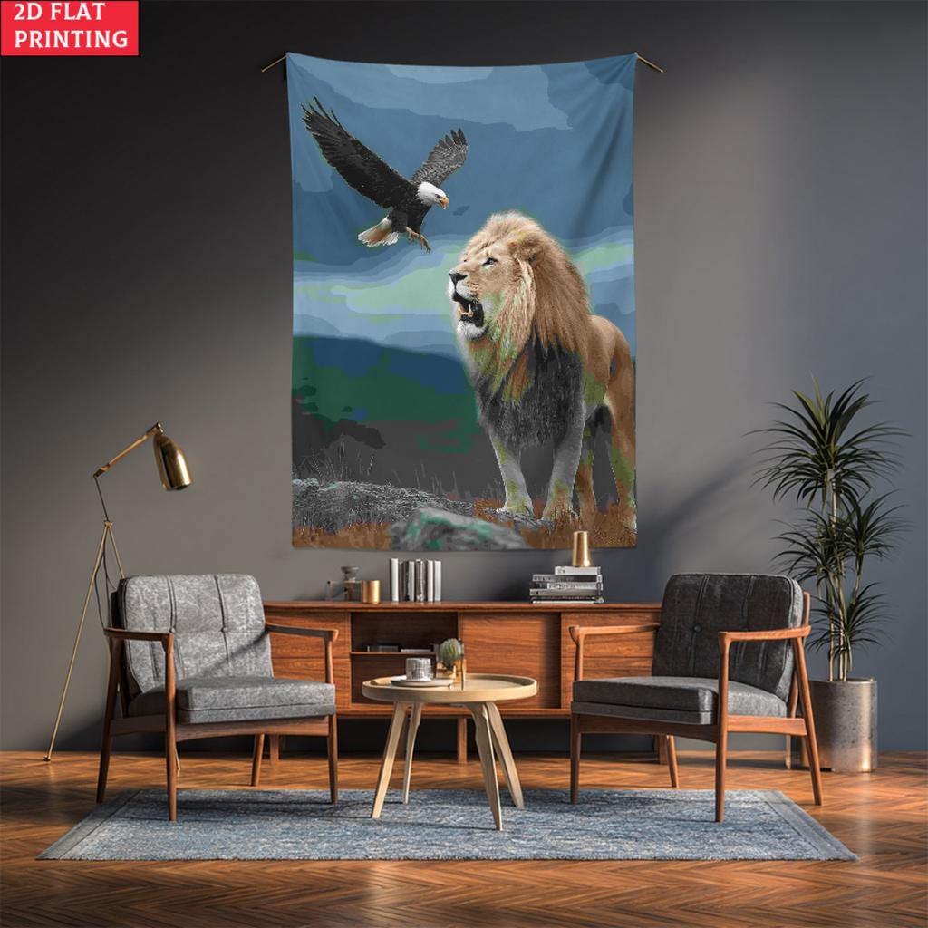 Lion and Eagle Tapestry Roaring Lion with Flying Bald Eagle Wall Hanging Wild Animal Room Decor suitable for use in offices bars