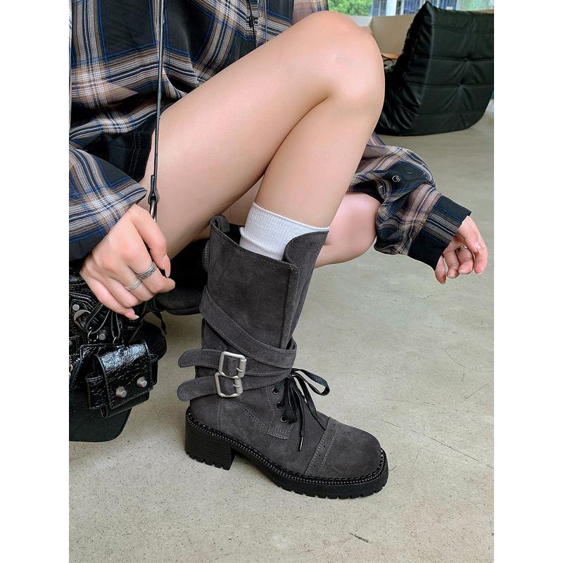 Cowhide version~ Retro knight boots women's thick-soled thick-heeled Martin boots belt buckle mid-tube western cowboy boots locomotive boots