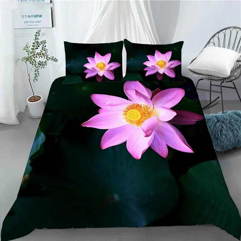 

Пододеяльник с рисунком цветка лотоса 3D, полиэстер, пододеяльник с наволочками, размер King Queen для детей, подростков, взрослых, декор для кровати, подарки 135x200cm 2pcs