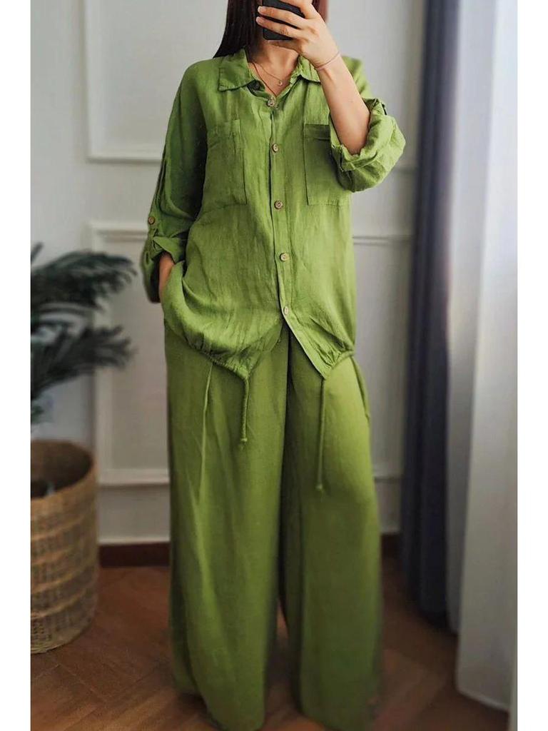 Übergrößen Freizeit-Leinenhemd & Hose Set - Einfarbige, lockere Passform für Frühling/Herbst
