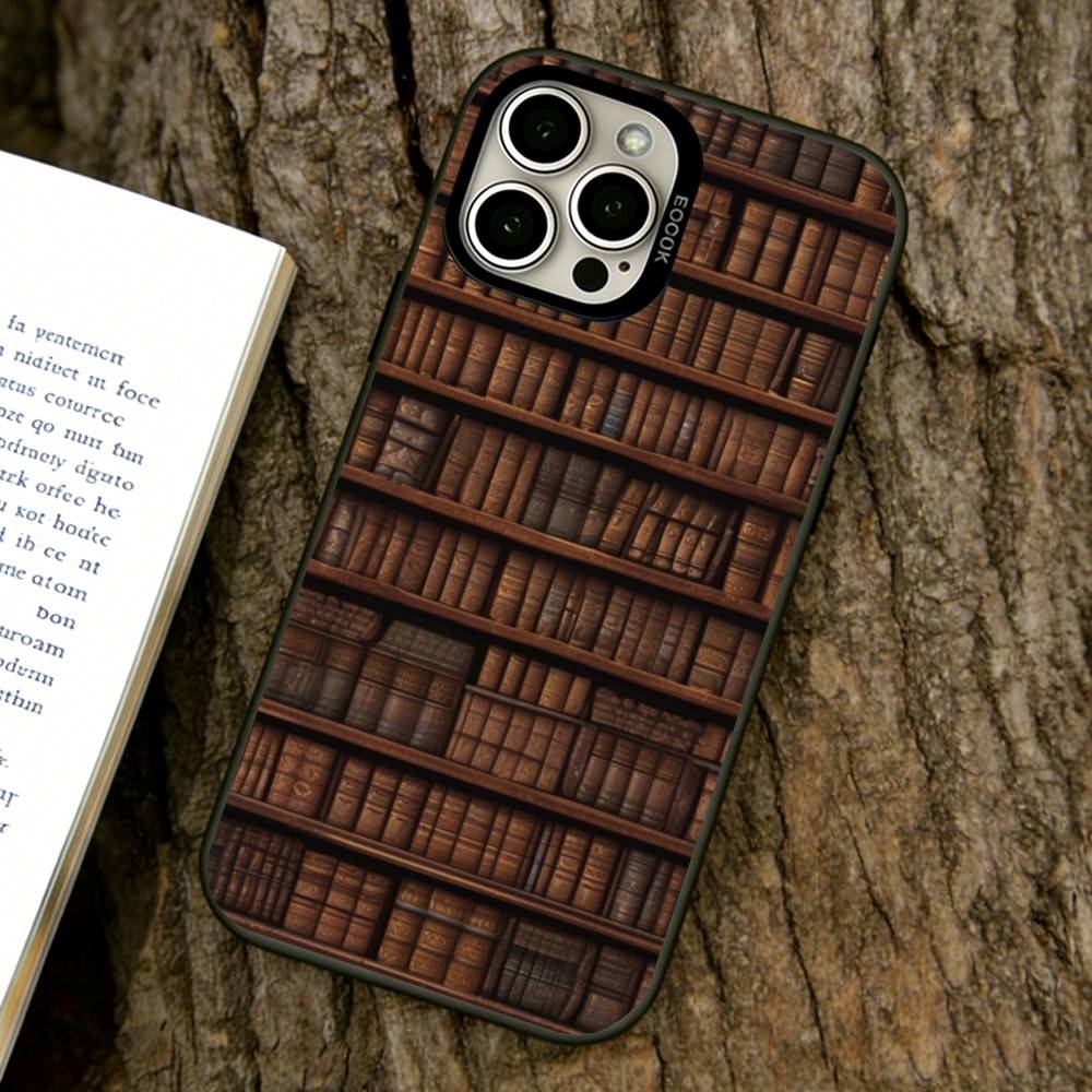 Estante de Livros Padrão Criativo Capa de Celular Para iPhone 17,16,15,14,13,12,11 Plus,Pro Max,XS,Prata Colorida Revestida Tampa Interna