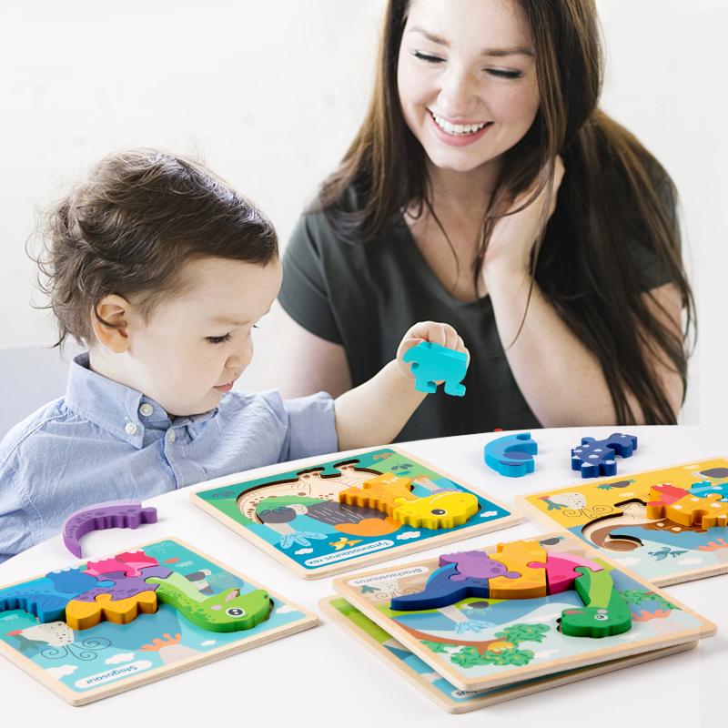 New Wooden 3D Puzzle Cartoon Dinosaur Cognitive Jigsaw Puzzle Early Learning Educational Toys Montessori Toy for Children Gifts