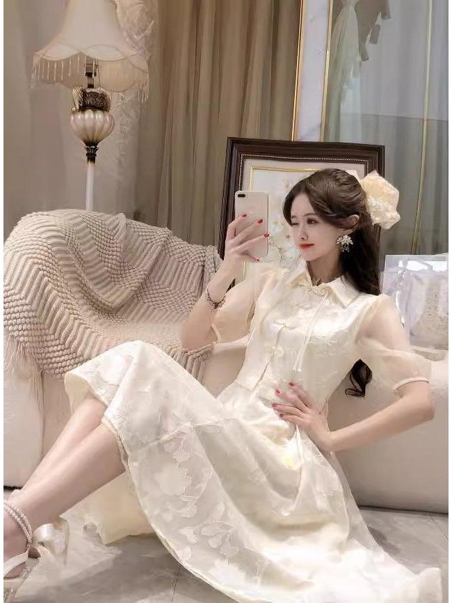 Elegant Summer 2024 Women's Two-Piece: Chinese Style Cheongsam Skirt & Camisole Dress with Frog Button Top