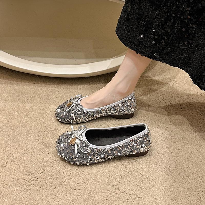 French Retro Silver Bow Fairy Shoes Gentle Lady with Skirt Square Head Flat Bottom Soft Sole Sequined Single Shoes Women