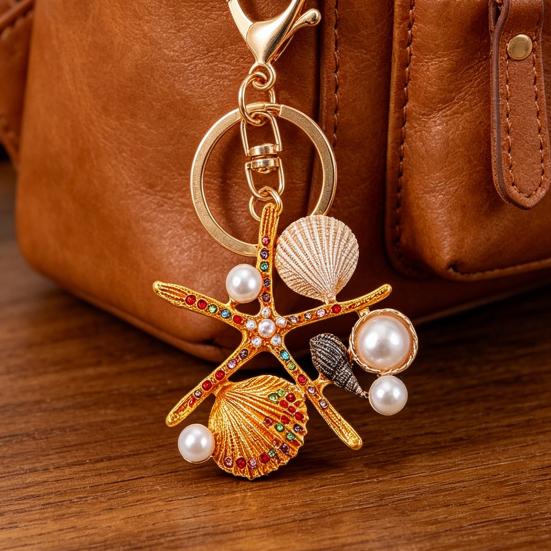 Keychain Pendant Ocean Style Starfish Shell Design Key Chain with Rhinestones Imitation Pearls Bags Backpacks Decorative Accessory