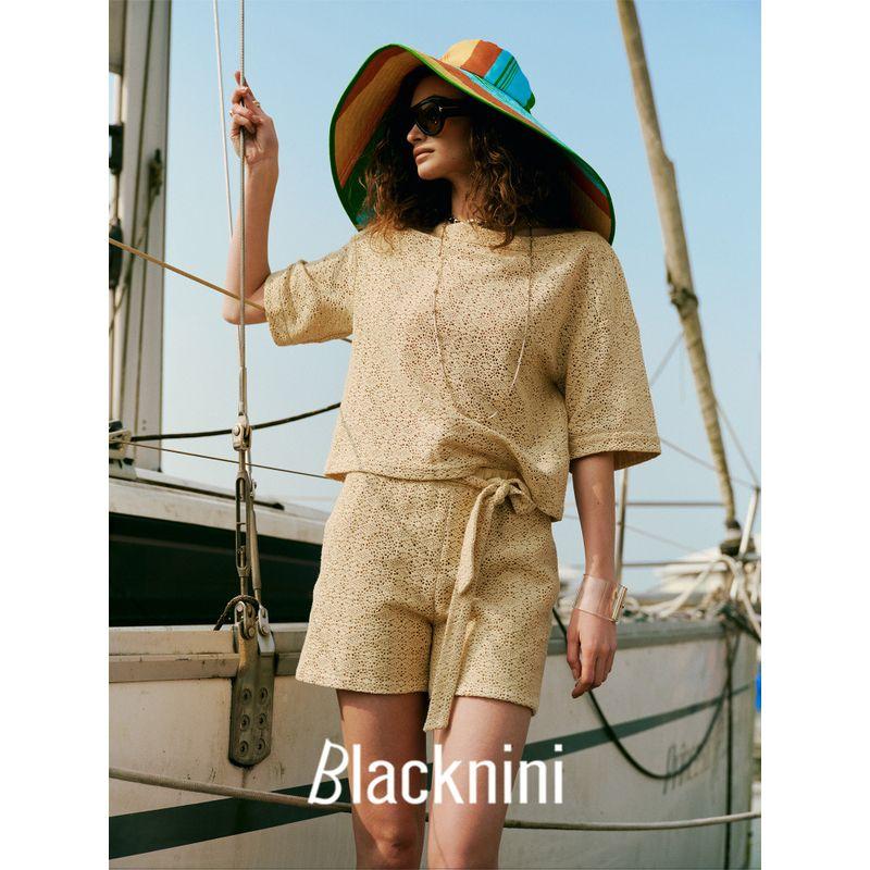 Blacknini "Little Pineapple" Island Country Cotton Lace off-Neck Cut Out Pattern Tops Short Sleeve Shorts
