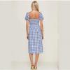 Women's Spring Summer Sexy Slit Square Collar Plaid Short-sleeved Dress