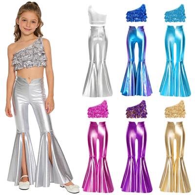 Ensemble crop top à une épaule pour filles, paillettes brillantes, volants superposés, pantalon évasé métallique fendu