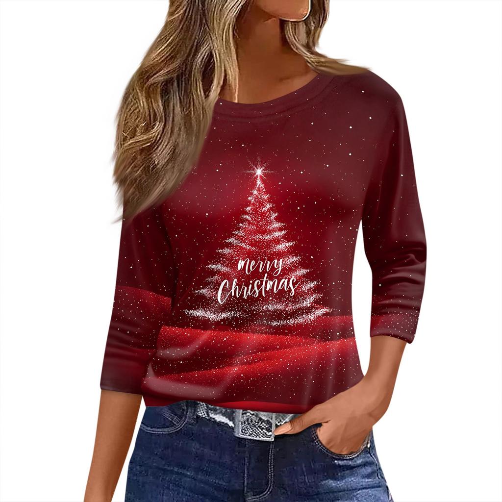 Dame T-skjorte Juleprint 3/4 Erme Hverdag Weekend Mote Basic Rund Hals Vanlig Topp