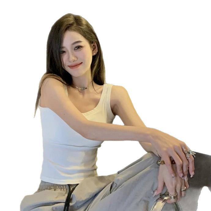 #Summer new solid color Spice Girl wind wide shoulder strap U-neck vest slim fixed belt chest pad versatile top