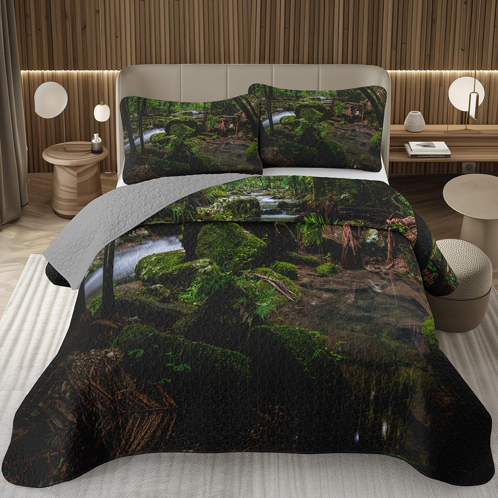 Forest Bedspread King/Full Magical Woodland Jungle Coverlet Set Dreamy Misty Scene Quilted Bedding Set Reversible Grey Bed Cover