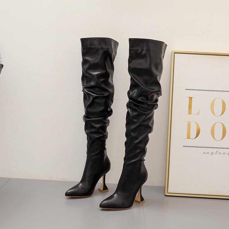2025 New Stiletto Pointed  Leather Boots Women Toe White Heeled Knee Boots  Heel Side zipper Thigh Gigh Booties