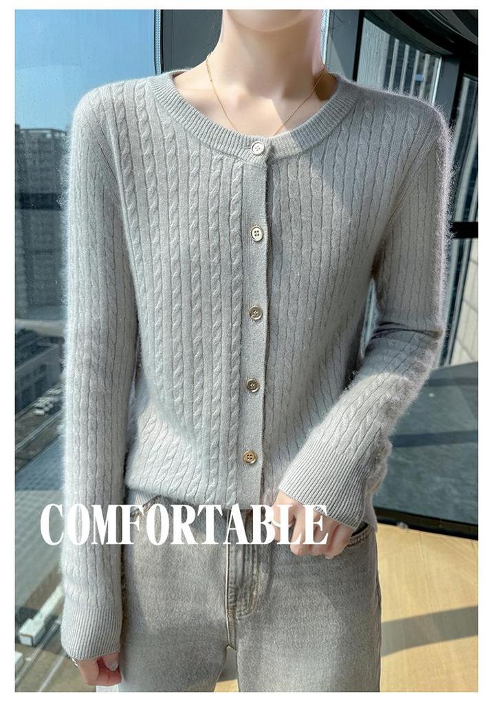 2026 Autumn/Winter Women's Soft Chunky Cable Knit Wool Cardigan Sweater - Round Neck Solid Color Top
