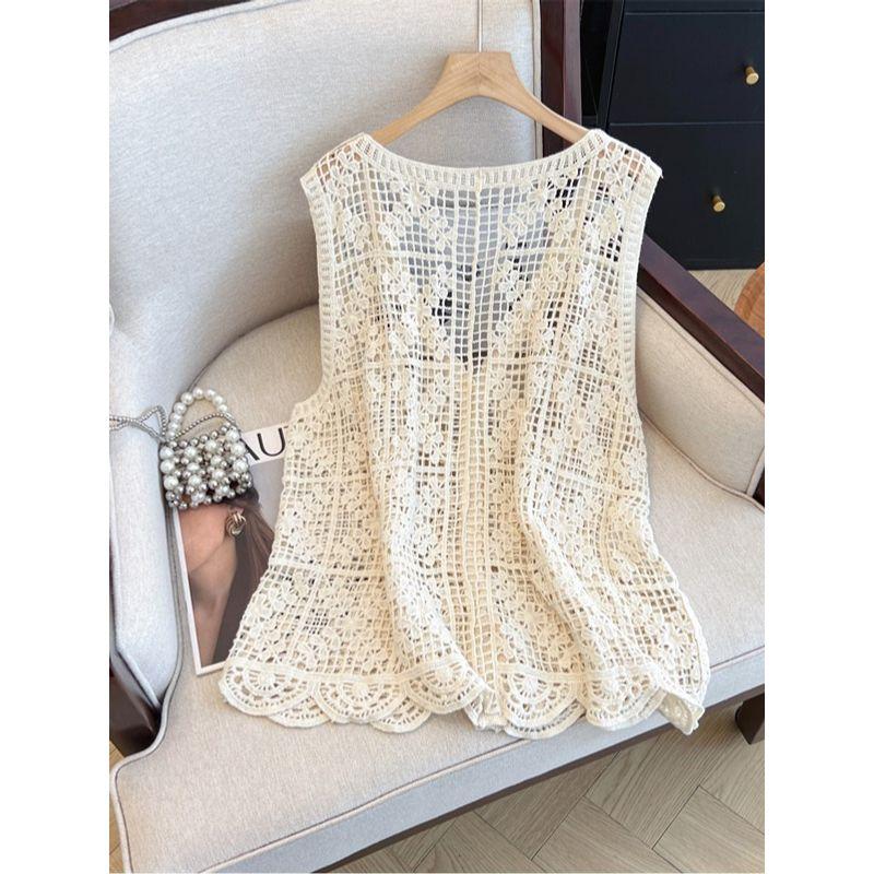 K-style Plus Size Women's Clothing Spring/Summer V-neck Single Breasted Knitting Cut Out Crocheted Vest Casual Outdoor Vest Waistcoat Fashion