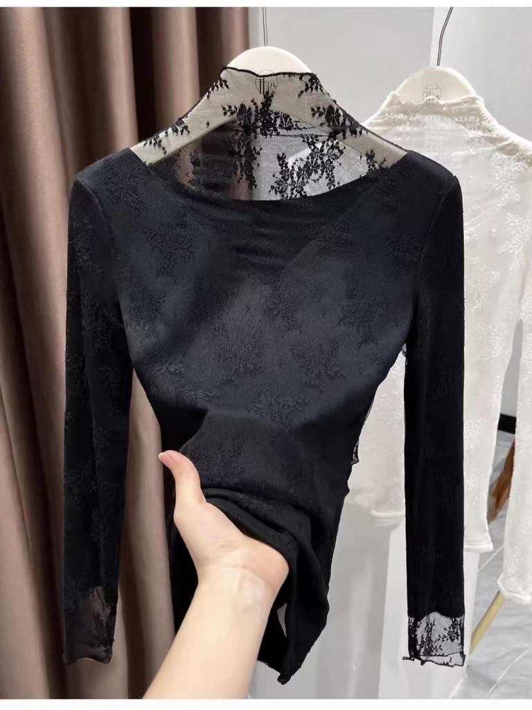 Ruffled Semi-High Neck Lace Base Layer - Fleece-Lined, Thickened, Warm Top for Autumn/Winter