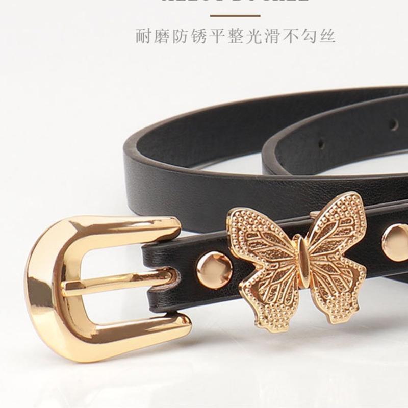 Stylish Gold Butterfly Decorated PU Leather Waist Belt Adjustable Length Waistband Sash for Dresses and Daily Outfits