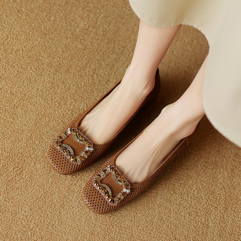 

Мода 2024 года, новые осенние женские модные и удобные однотонные туфли со стразами и металлическим декором без застежек на низком каблуке 40 хаки