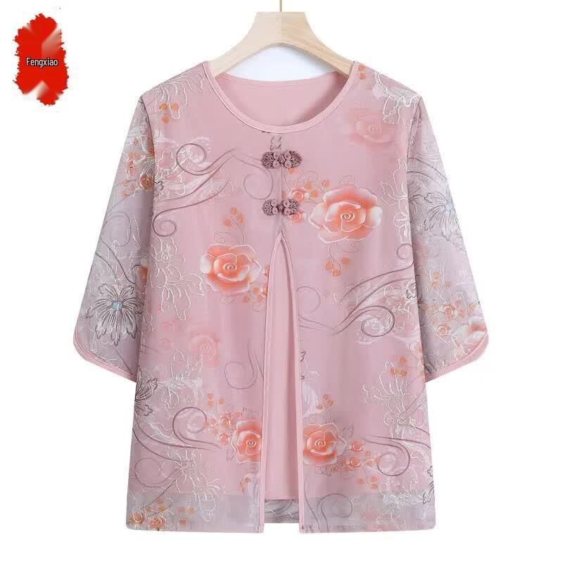 Women s Floral Fake Two-Piece Seven-Quarter Sleeve Top