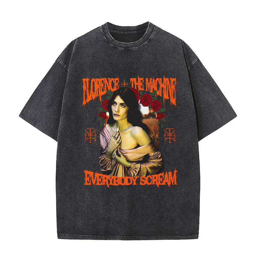 Vintage Washed Florence The Machine Everybody Scream Tour Graphic T Shirts Men Women Harajuku Aesthetic Oversized T Shirt