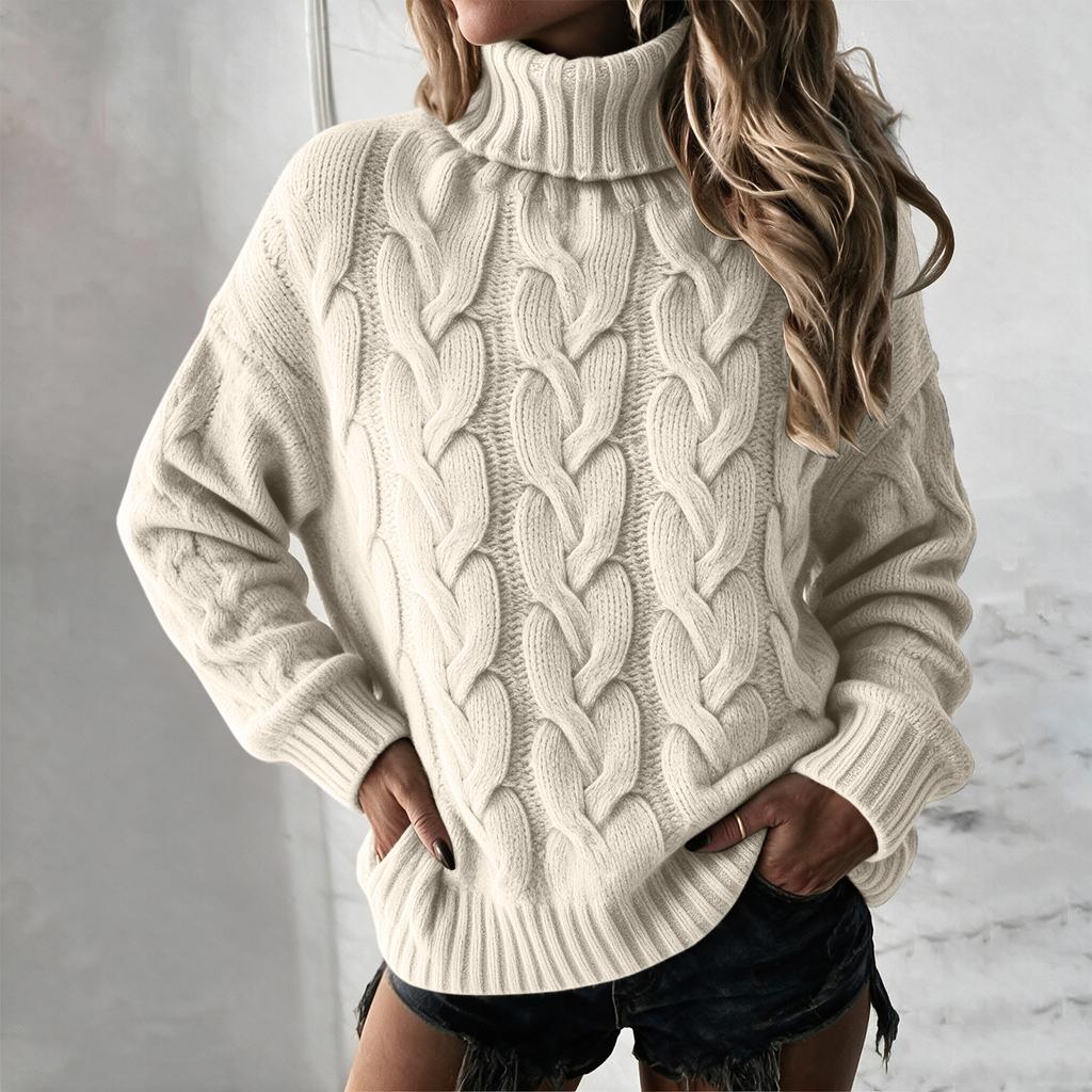 Women's Cable Knit Turtleneck Long Sleeve Sweater Color Casual Comfortable Top