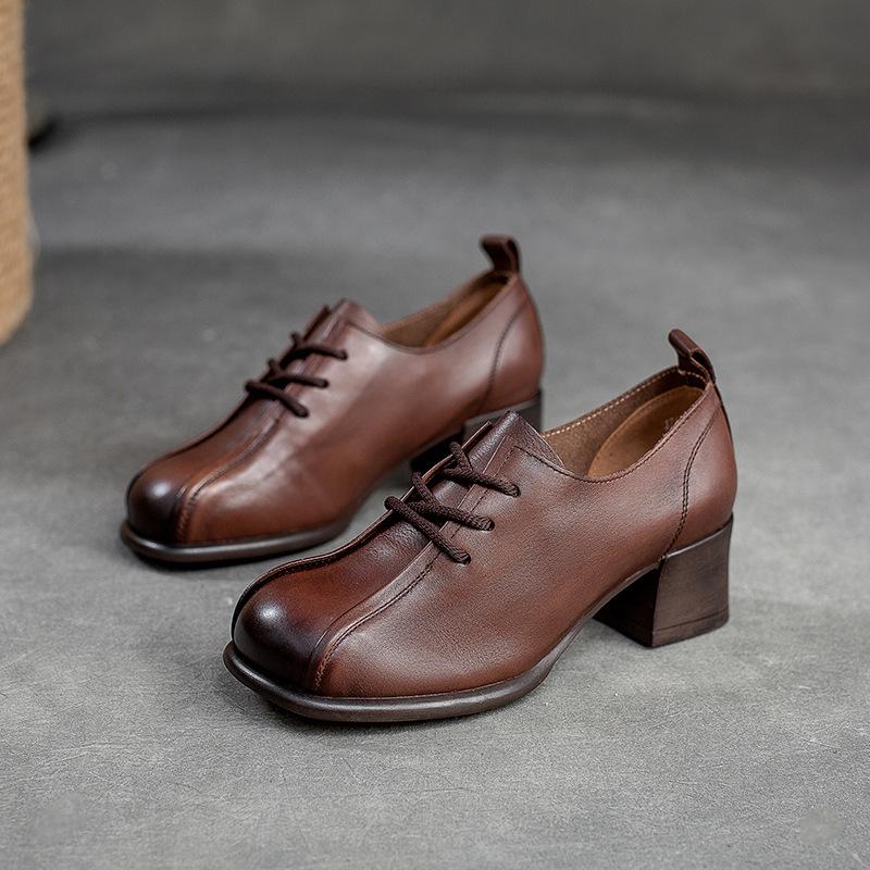 Johnature Retro Women Shoes Med Heels Solid Color Pumps Genuine Leather Round Toe Handmade Lace-up Shoes