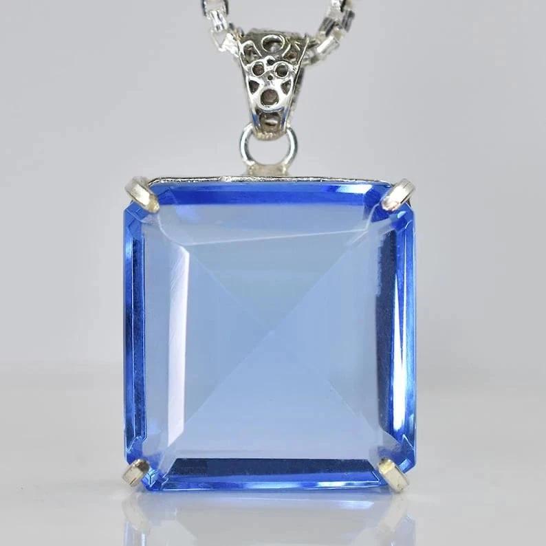 100 Ct Natural Blue Topaz Asscher Cut 925 Sterling Silver Gemstone Pendant