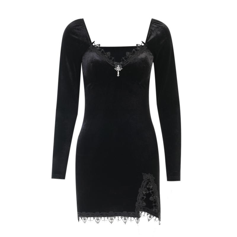 Gothic Retro Black Mini Dress High Waist Dress Street Dress Long Sleeve Party Dress