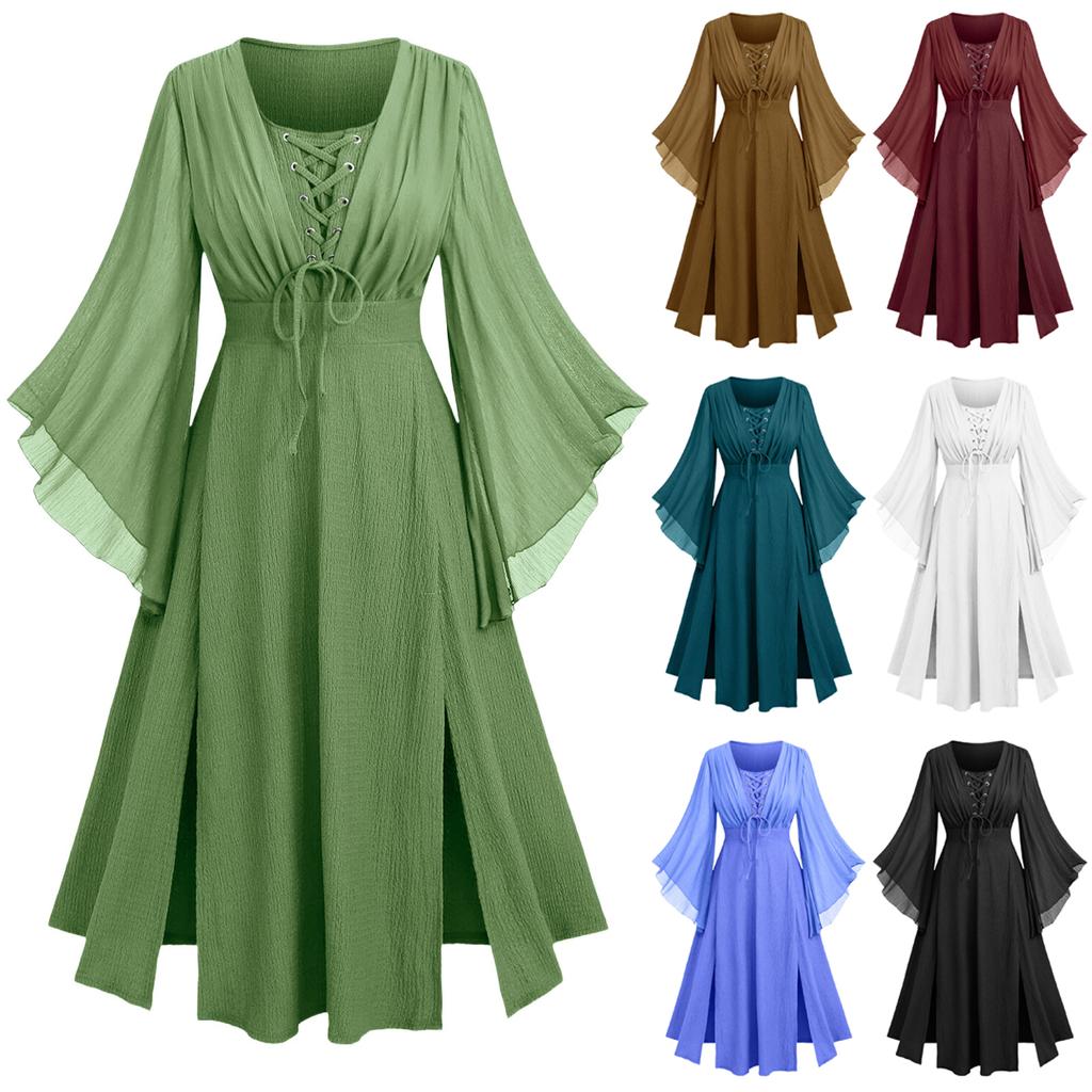 Women V Neck Long Sleeve Lace Up Maxi Dress with Split Hem and Flared Cuff Retro Style for Casual or Special Occasions