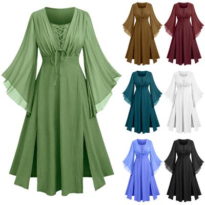 Maxi Robe Style Médiéval à Manches Longues avec Fermeture par Lacets sur le Devant et Manches Évasées en Cloche pour Femmes Robe Renaissance