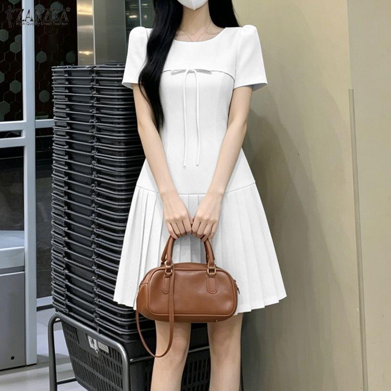 ZANZEA Women Casual Round Neck Solid Color Short Sleeve Dress