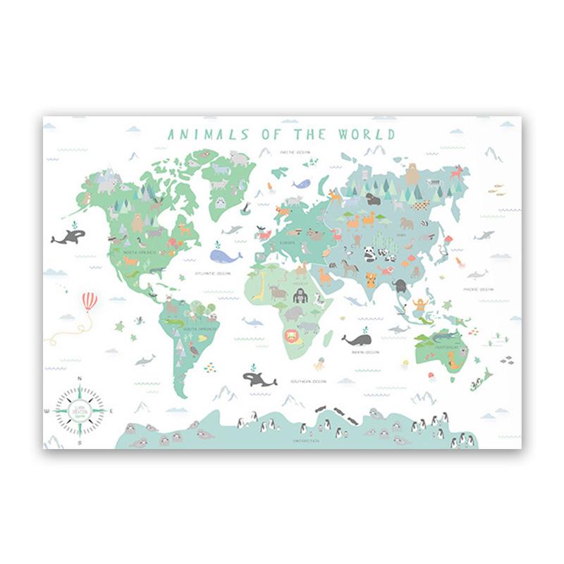 Poster de artă de perete pentru creșă, hartă a lumii animale, pictură pe pânză de desene animate pentru dormitor pentru copii, imagini scandinave, decor pentru cameră de copii