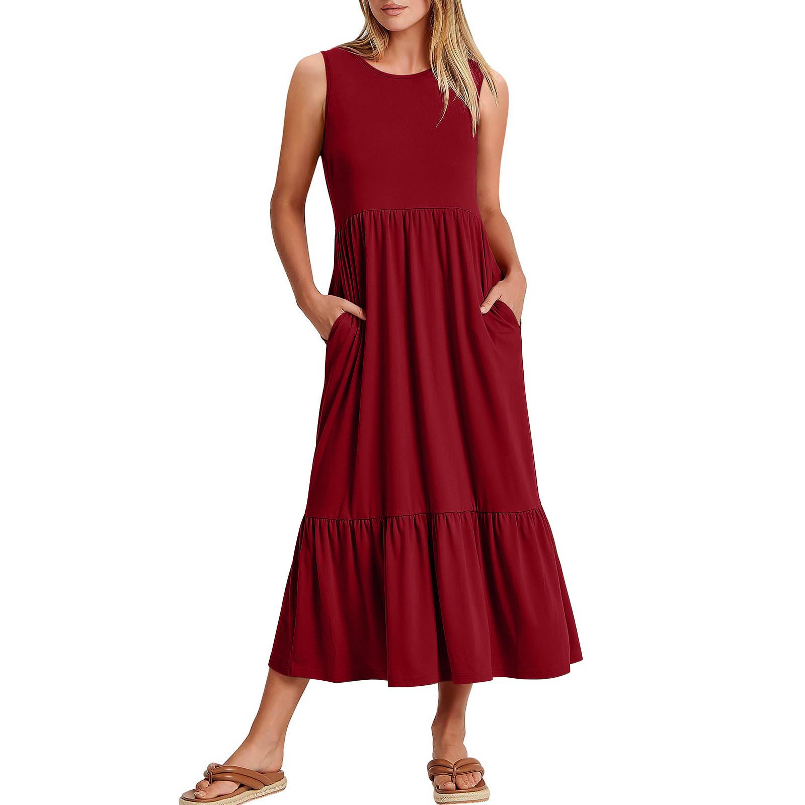 

Red Wine Ruffled Hem Midi Dress with Pockets,Sleeveless Round Neck Casual Dress for Women,Available in 5 Colors S чорний
