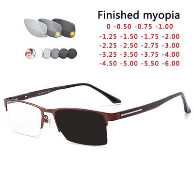 Men'S Outdoor Shade Semi-Rimless Photochromic Gray Square Prescription Eyeglasses Metal Shortsight Sph 0 -0.5 -0.75 -1.0 To -6.0
