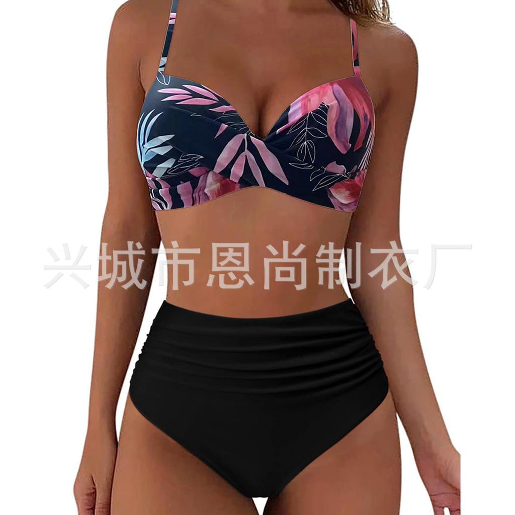 New Multi-color Printing Split Solid Color Gathering Bikini High Waist Explosion Swimsuit